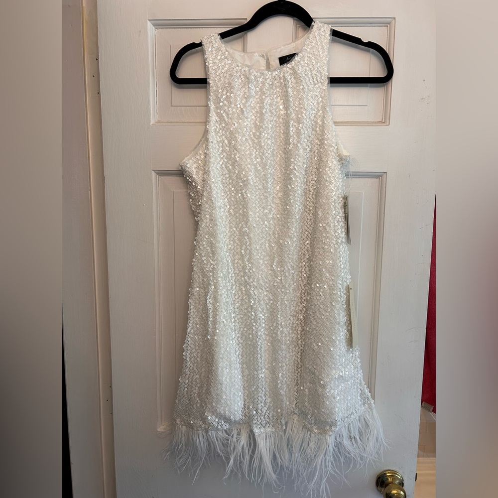 Aidan Mattox perfect sequin and feather white mini dress hand embroidered bridal